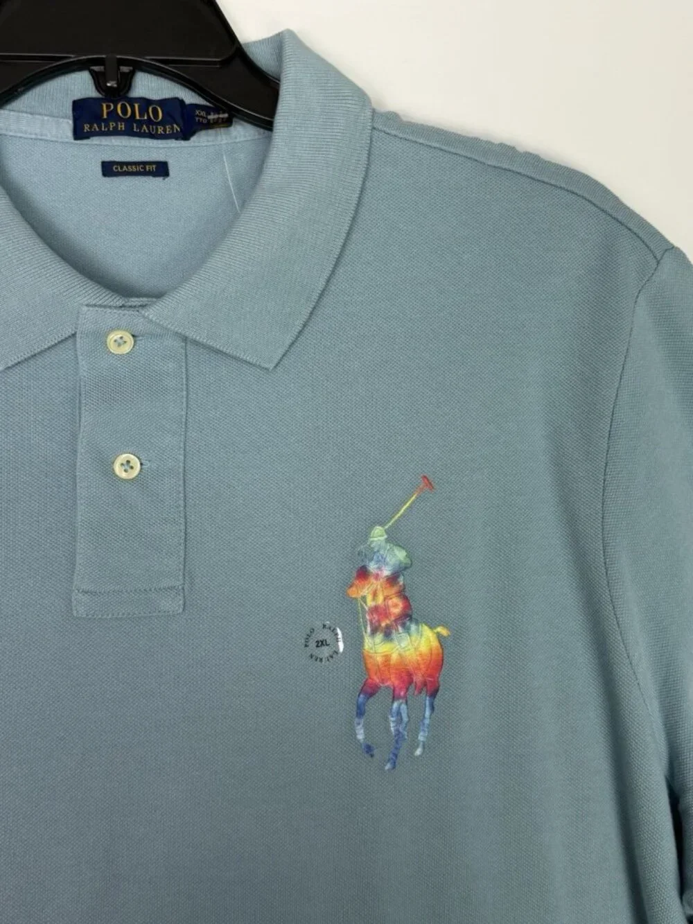 Polo Ralph Lauren Shirt Mens XXL Classic Fit Light Blue Big Pony Rainbow Tie Dye
